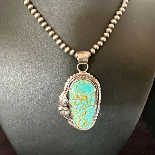 Navajo Blue Turquoise #8 Pendant Necklace | Sterling Silver Pearls | Authentic Native American Handmade | 15905