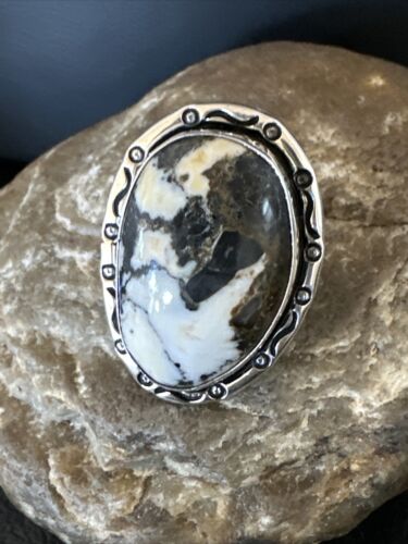 White Buffalo Turquoise Navajo Ring | Sterling Silver | Sz 9 | Authentic Native American Handmade | 16388