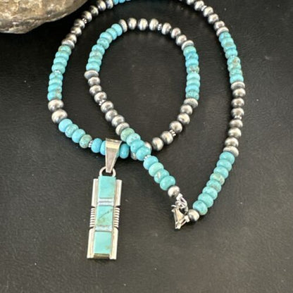 Turquoise #8 Inlay Pendant Necklace | Navajo Sterling Silver | Authentic Native American Handmade | 17073
