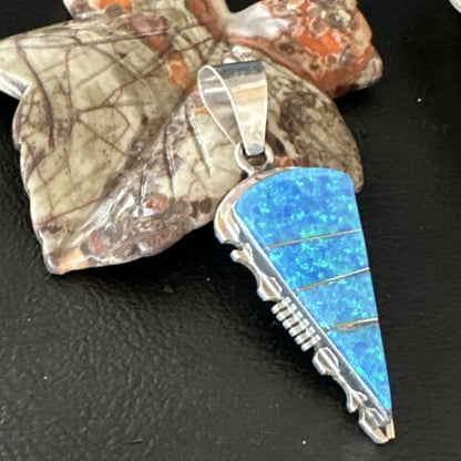 Navajo Arrowhead Blue Opal Inlay Pendant Necklace | Sterling Silver | Authentic Native American Handmade | 15677