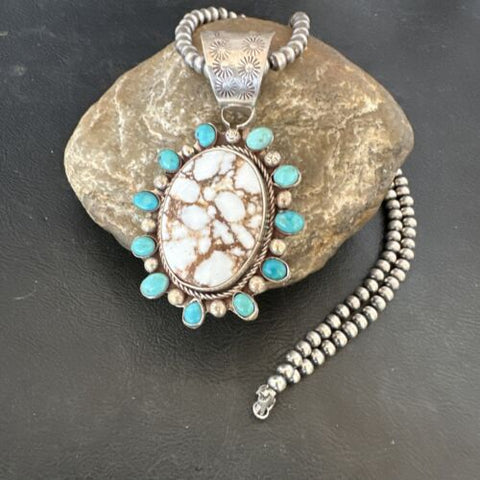 Crazy Horse Turquoise Pendant Navajo Pearls Sterling Silver Necklace 17149