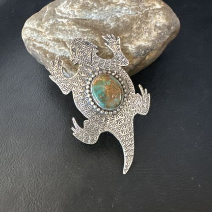 Navajo Royston Green Turquoise Horny Toad Pin | Handmade Stamped | Authentic Native American | LC 15496