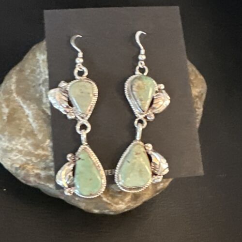 Navajo Green Royston Turquoise Dangle Earrings | Sterling Silver | Authentic Native American Handmade | 16838