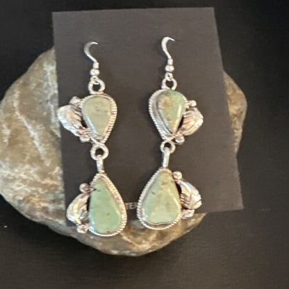 Navajo Green Royston Turquoise Dangle Earrings | Sterling Silver | Authentic Native American Handmade | 16838
