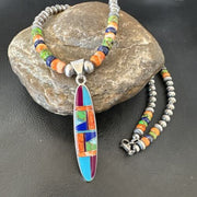 Navajo Lapis Spiny Oyster Turquoise Inlay Pendant Necklace | Sterling Silver | 21" | Authentic Native American Handmade | 16626