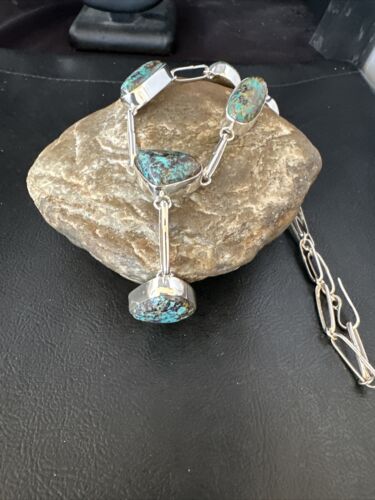 Navajo Blue Spiderweb Turquoise Lariat Necklace | Sterling Silver Pendant | 18" | 14959