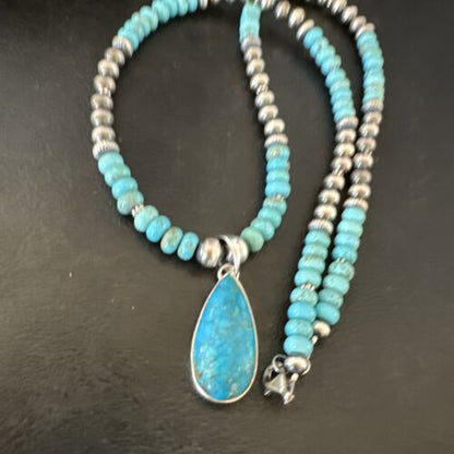 Navajo Blue Turquoise Pendant Necklace | Sterling Silver | Authentic Native American Handmade | 16652