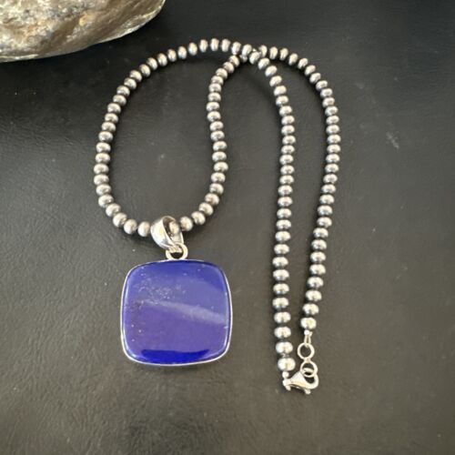 Navajo Blue Lapis Pendant with Pearls | Sterling Silver Necklace | 20" | Authentic Native American Handmade | 16664