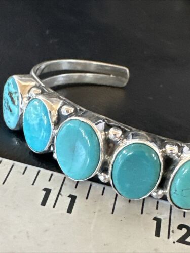 Women's Blue Turquoise 5-Stone Cuff Bracelet | Navajo Sterling Silver | Authentic Native American Jewelry | 16281
