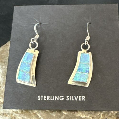 Navajo Blue Faux Opal Inlay Dangle Earrings | Sterling Silver | 1" | Authentic Native American Handmade | 17439