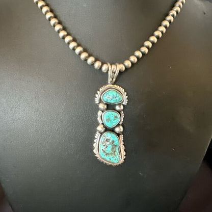 Navajo Blue Kingman Turquoise 3 Stone Cluster Pendant | Sterling Silver | Authentic Native American Handmade | 17632