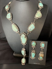 Navajo Blue Turquoise Lariat Necklace Set | Authentic Native American Sterling Silver | 30" | 13834
