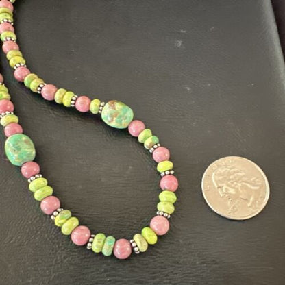 Navajo Green Turquoise Rhodochrosite Necklace | Sterling Silver | Authentic Native American Handmade | 20" | 17492
