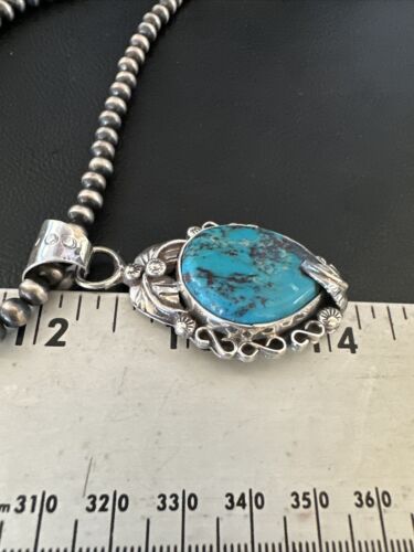 Navajo Blue Turquoise Pendant Necklace | Sterling Silver Pearls | Authentic Native American Handmade | 15639