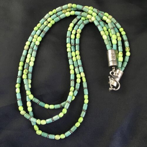 Navajo Blue Green Turquoise Necklace | 3-Strand | Sterling Silver | 17" | Authentic Native American Handmade | 10245