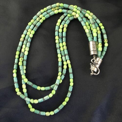 Navajo Blue Green Turquoise Necklace | 3-Strand | Sterling Silver | 17" | Authentic Native American Handmade | 10245