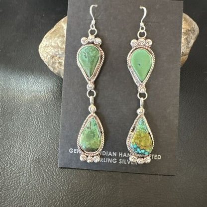 Navajo Green Royston Turquoise Dangle Earrings | Sterling Silver | Authentic Native American Handmade | 17141