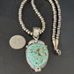 Navajo Pearls Sterling Silver Necklace with Blue Turquoise #8 Pendant | Authentic Native American Handmade | 14855