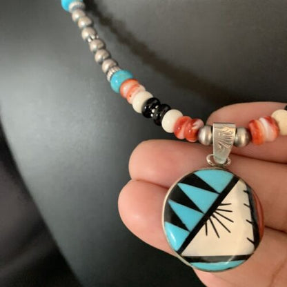 Zuni Multi-Color Turquoise Onyx Necklace with Inlay Pendant | Sterling Silver | 13565