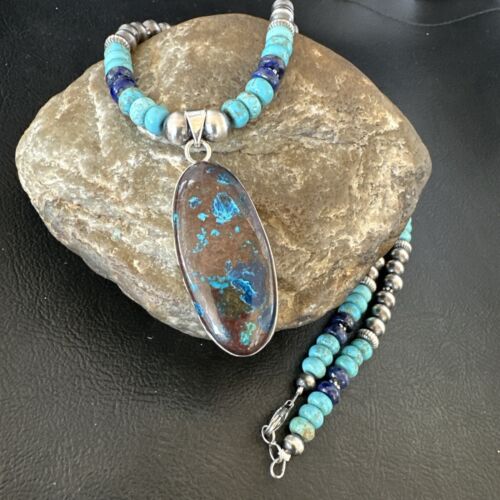 Navajo Blue Turquoise Jasper Lapis Inaly Pendant Necklace | Sterling Silver | 16926