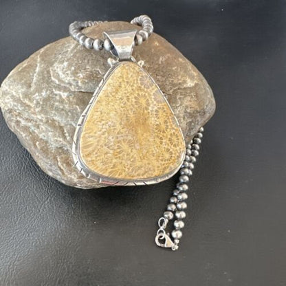 Navajo Pearls Champagne Fossil Coral Pendant Necklace | Sterling Silver Beads | Native American Handmade | 16372