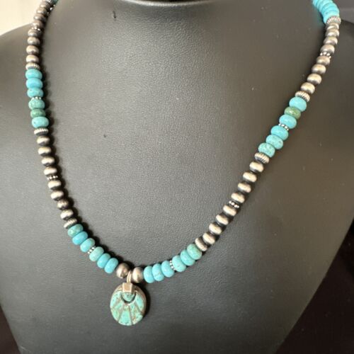 Navajo Blue Turquoise Inlay Pendant | Sterling Silver Necklace | Authentic Native American Handmade | 15423