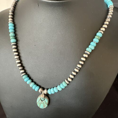 Navajo Blue Turquoise Inlay Pendant | Sterling Silver Necklace | Authentic Native American Handmade | 15423