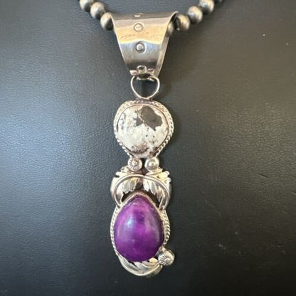 White Buffalo Turquoise & Sugilite Pendant | Navajo Pearls | Sterling Silver | Native American Handmade | 16871