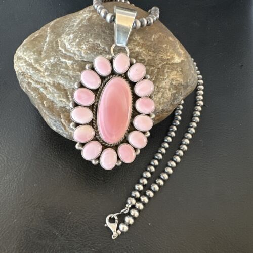 Navajo Pearls Pink Conch Necklace with Multi-Stone Cluster Pendant | Authentic Native American Handmade | 16062