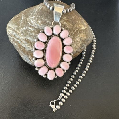 Navajo Pearls Pink Conch Necklace with Multi-Stone Cluster Pendant | Authentic Native American Handmade | 16062
