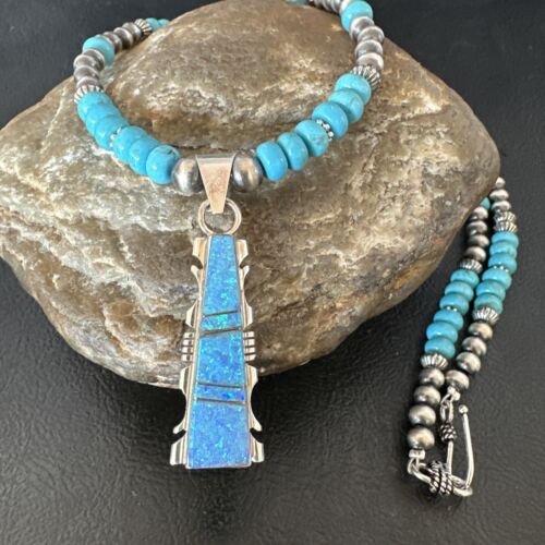 Navajo Men's Blue Turquoise Opal Pendant Necklace | Sterling Silver | 16039