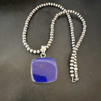 Navajo Blue Lapis Pendant with Pearls | Sterling Silver Necklace | 20" | Authentic Native American Handmade | 16664