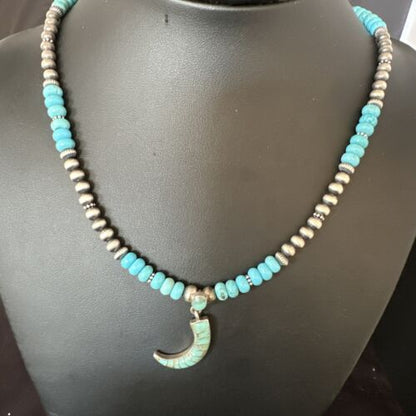 Navajo Blue Turquoise Inlay Pendant | Sterling Silver Necklace | Authentic Native American Handmade | 15422