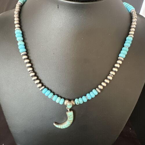 Navajo Blue Turquoise Inlay Pendant | Sterling Silver Necklace | Authentic Native American Handmade | 15422