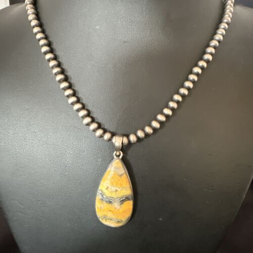 Navajo BumbleBee Jasper Pendant Necklace | Sterling Silver Pearls | Authentic Native American Handmade | 16843