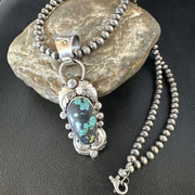 Navajo Blue Spiderweb Turquoise Pendant | Sterling Silver Pearls Necklace | Authentic Native American Handmade | 15092