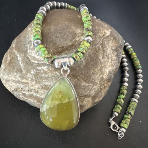 Navajo Green Turquoise Pendant Necklace | Sterling Silver | Authentic Native American Handmade | 16916