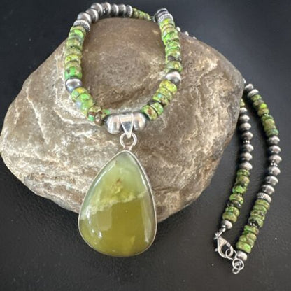 Navajo Green Turquoise Pendant Necklace | Sterling Silver | Authentic Native American Handmade | 16916