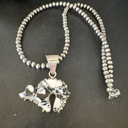 Navajo White Buffalo Turquoise Bear Inlay Pendant Necklace | Sterling Silver | Native American Handmade | 15248