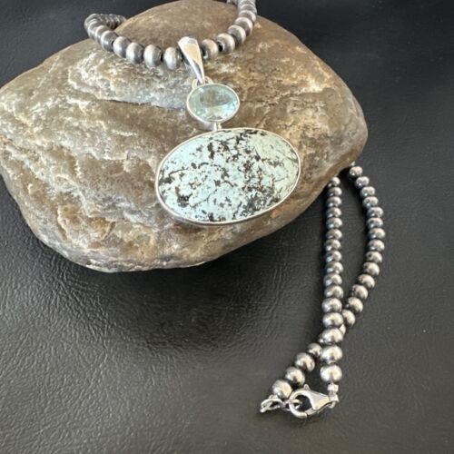Navajo Dry Creek Turquoise Topaz Pendant Necklace | Sterling Silver | Authentic Native American Handmade | 16315