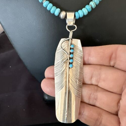 Men's Feather Turquoise Pendant | Navajo Sterling Silver Necklace 21" | Multi-Stone | 17445