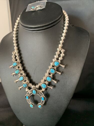 Navajo Kingman Turquoise Squash Blossom Necklace | Sterling Silver | Authentic Native American Handmade | 13678
