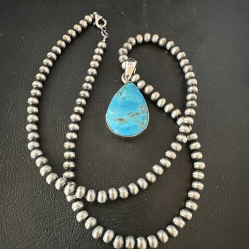 Blue Kingman Turquoise Pendant | Navajo Pearls | Sterling Silver Necklace 20" | 17010