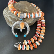 Navajo Blue Turquoise Spiny Oyster Naja Pendant Necklace | Sterling Silver | Authentic Native American Handmade | 16262