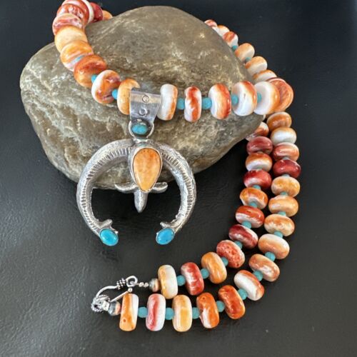 Navajo Blue Turquoise Spiny Oyster Naja Pendant Necklace | Sterling Silver | Authentic Native American Handmade | 16262