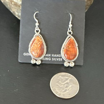 Navajo Orange Spiny Oyster Dangle Earrings | Sterling Silver | Authentic Native American Handmade | 17267