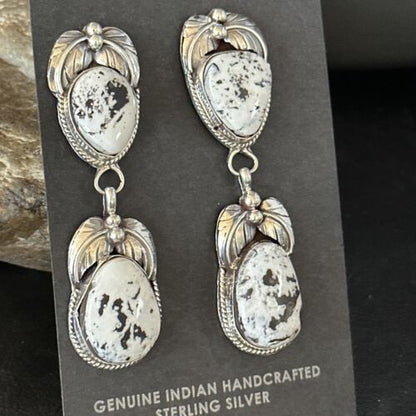 Navajo White Buffalo Turquoise Dangle Earrings | Sterling Silver | 2.5" | Authentic Native American Handmade | 14741