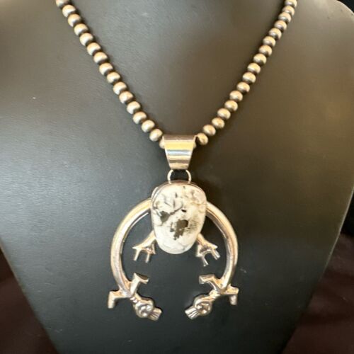 Navajo White Buffalo Turquoise Naja Pendant Necklace | Sterling Silver | Authentic Native American Handmade | 17122