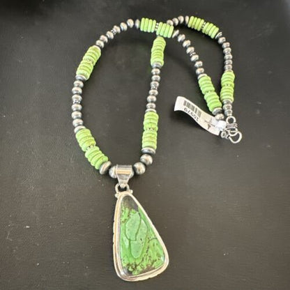 Navajo Green Gaspeite Pendant Necklace | Sterling Silver | Authentic Native American Handmade | 10979
