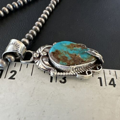 Navajo Blue Turquoise Pendant Necklace | Sterling Silver Pearls | Authentic Native American Handmade | 15652